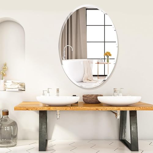 Art Street Glass Oval Frame Wall Mirror,Hd Vanity Make Up Wall Mirror Tiles for Wall Decor (17 X 23 Inches, Silver)(Framed)