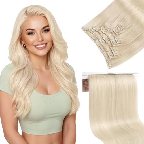Image of Sunny Hair Clip in Hair Extensions Real Human Hair Platinum Blonde 16 Inch | Clip in Hair Extensions Blonde, Added Fullness and Thicker Ends with Balanced Body for Date Night with a Soft Finish 135g