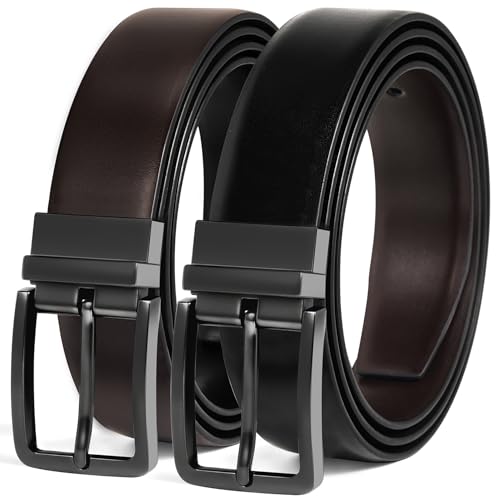 DENGFENGZHE Mens Belt Reversible Belt Men 1 Piece - 1 3/8 Leather Dress Belt - Trim to Fit for Elegant Style (Black/Brown (Burnished) 34-36 Waist Adjustable)