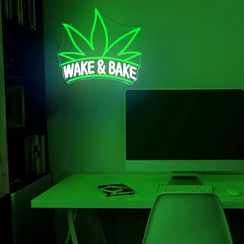 Image of Wake & Bake Neon Signs Green Weed Leaf LED Neon for Bar Decor,Dimmable Wake and Leaf Neon Lights Men Cave Bedroom Living Room Gifts for Christmas Birthday(Green, Wake)