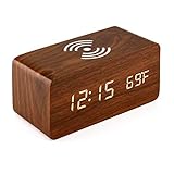 Generic Wooden Alarm Clock | Qi Wireless Charging Pad iPhone Samsung Wood LED Dimmable Digital Sound...