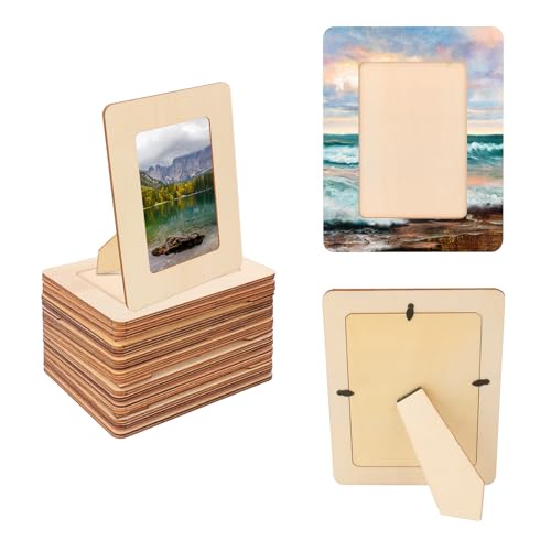 kukmakri 30 PCS Unfinished Wooden Picture Frames Set with 4.72 x 6.81 inch Photos, Wooden Frames for Crafts, Standing Postcard & Photos Picture Frame Set –Suitable for Crafts DIY, Souvenir Decoration