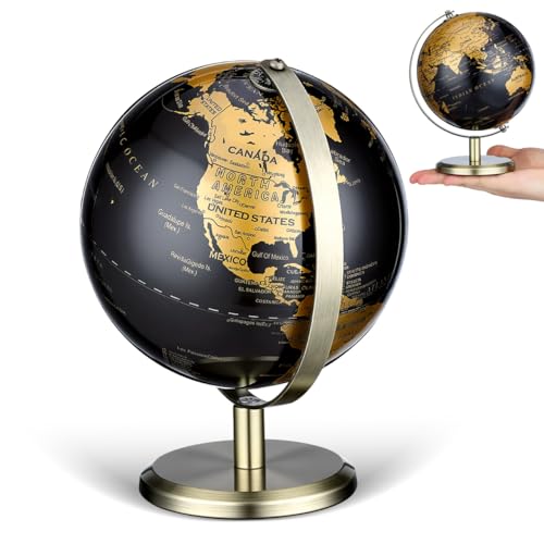 Image of Housoutil 6 Inch Small World Globe, Black Gold Desktop Globe with Antique Bronze Stand, Vintage Metal Geography Map, Elegant Home Office Room Decor, Smooth Rotating Desktop for Home Office Classroom