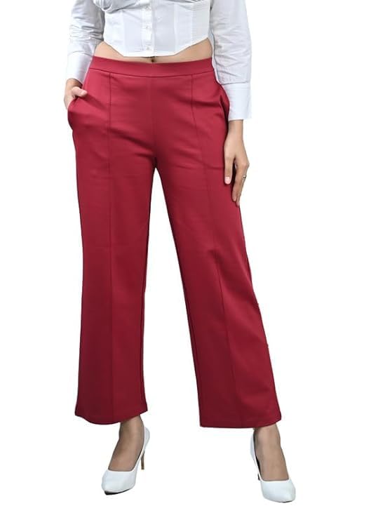 Image of Mlada Mid Waist Wide Leg Flared Pants Elastic Waist Band for Women Office Work Formal Wear Stretch Cotton Knit Flare Pants Utility Pockets Extra Flare Pants Trousers for Travel