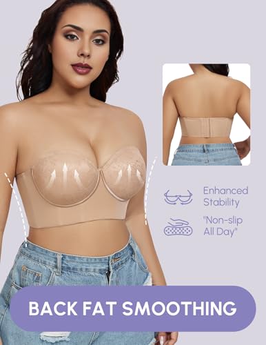 Image of FallSweet Longline Strapless Bra for Large Bust C-DD, Anti-Slip Back Smoothing Convertible Lace Corset for Wedding Party