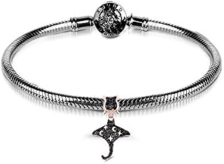 GNOCE Charms Bracelet Sterling Silver Black Plated Snake Chain with Mobula Charm Pendant Mobula Rays Flying Basic Charm Bracelet with Clasp Jewellery Gift for Women Mens