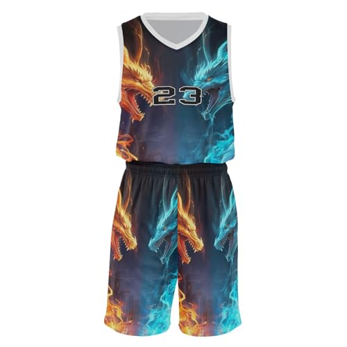 FLildon Two Dragon Fire Boys Basketball Jersey Set Tank Top Shorts Tracksuit Sport Training Suit for Kids, XL