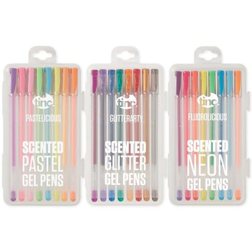 Tinc Scented Gel Pens | 3 Sets of 8 | Fluorolicious Glitterarty & Pastelicious | 24 Fruity Fragranced Liquid Gel Pens with Carry Cases | Fun Neon Glitter & Pastel Colours for Kids Boys & Girls