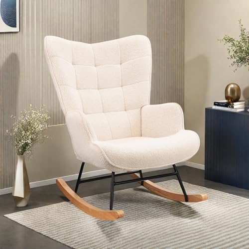 DAHUEN - Silla mecedora para adulto, Rocking Chair, sillón de lactancia de peluche Teddy, silla mecedora, sillón salón con reposabrazos, para dormitorio, sala de estar, beige (Beige)
