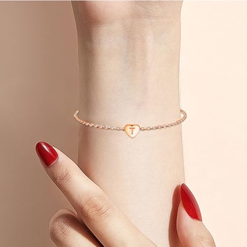 KunBead Mini Size Rose Gold Initial A-Z Letter Bracelet Love Heart Charm Stainless Steel Birthday Adjustable Alphabet Bracelet for Women4