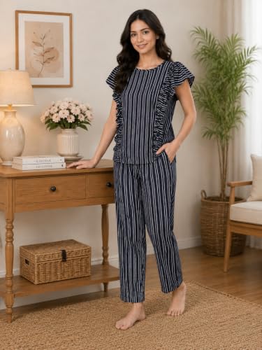 Image of Yash Gallery Women's Rayon Striped Print Flare Short Sleeve Round Neck Night Suit Pajama Set