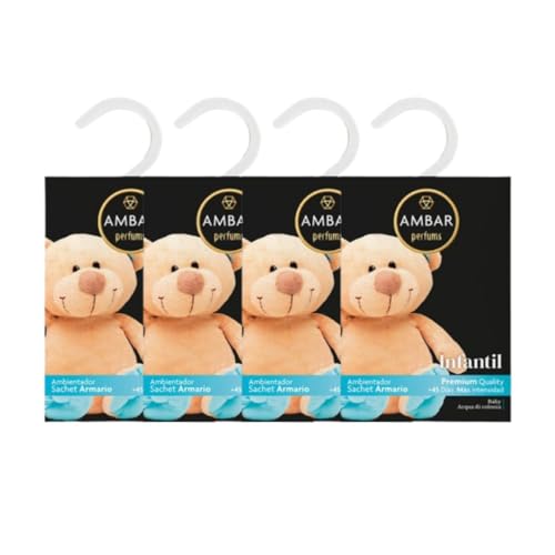 TIENDIFY - Pack Ambientadores Armarios Ámbar Perfums | 0% Alcohol | Perfume Premium Natural | +45 Días Duración | Fragancia Ropa Limpia Armarios y Cajones (PACK DE 4, INFANTIL)