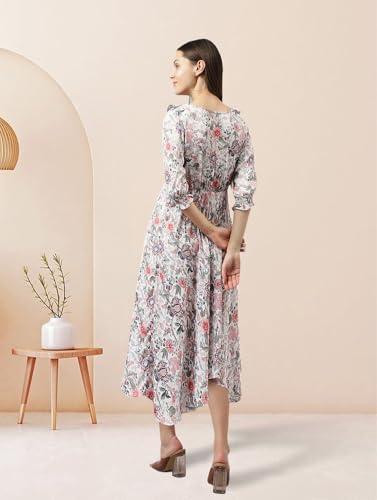 Image of KERI PERRY Women's White Rayon Floral Printed High Low Western Dress | Dress for Women | A line Dress | Summer Dress|Western Dress | Women Dress | Trendy Dress for Dress | Midi Dress
