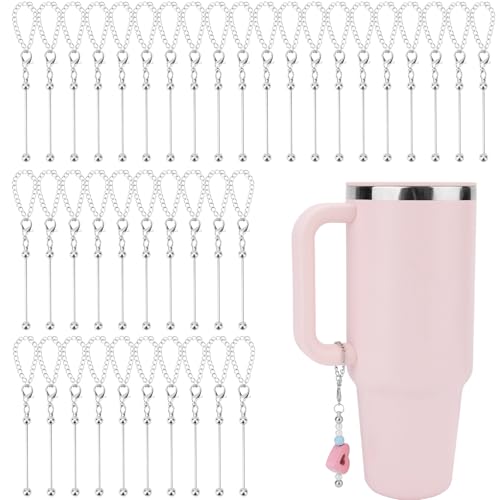Gosknor 40pcs Beaded Cup Charms Compatible with Stanley Charm Accessories for Tumblers with Handle Cup, Silver Beadable Keychain Bar Chain Blank Beaded Bottle Accessories DIY Gift Pendant