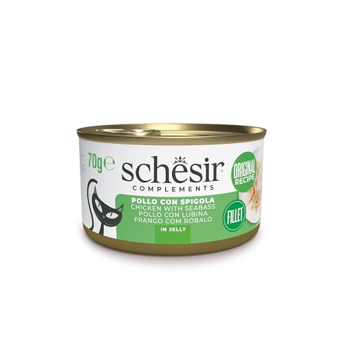 Schesir - Schesir, Filets de Poulet avec Bar en gélatine, Conserve, Nourriture Humide complémentaire pour Chats, Recette Originale, 100% Naturelle, sans cruauté, 12 x 70 g