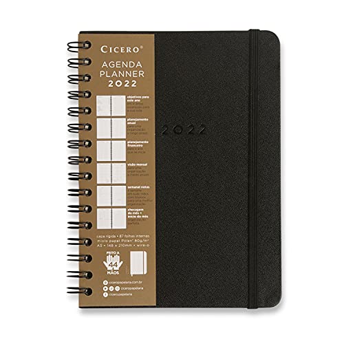 Agenda Planner Cicero, Wire-o 2022 Clássica Semanal Notas A5 Preto, Grande