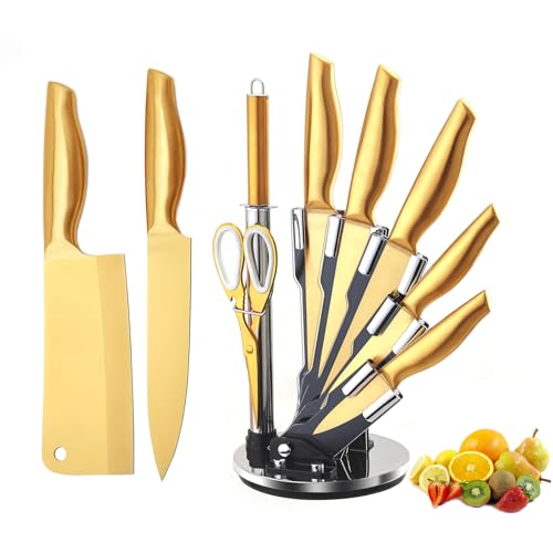 Gold Knife Set，8Pcs Gold Titanium-Coated Dishwasher Safe Stainless Steel Kitchen Knife Set with Black Acrylic Knife Holder,Super Sharp Knife Block Set