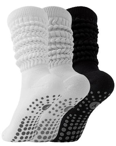 Image of Yawlsow Pilates Socks with Grips for Women Yoga Ruffle Grippy Non Slip Long Slouchy Scrunch Socks for Barre Workout Hospital