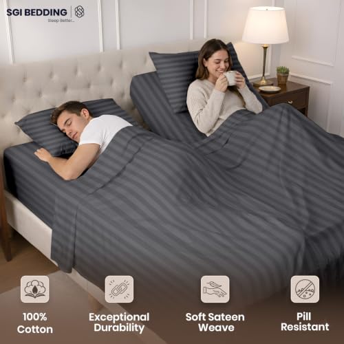 Image of SGI Split King Sheet Set for Adjustable Bed Egyptian Premium Cotton 600 Thread Count Sheets for Sleep Number Bed 15 inch Deep Pocket 5 Pc Set with 2 Twin XL Fitted Sheets Soft Breathable -Dark Grey Stripe