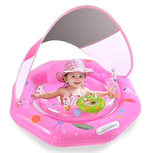 Flotador de piscina para bebé, flotador de natación extra ancho, flotadores para bebés de 6 a 12 meses, flotador de bebé con toldo extraíble UPF50+ protección solar y consola de juegos de juguetes,
