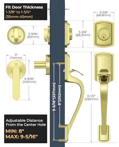 Image of Front Door Handle and Deadbolt Set for Right & Left Handed, Front Door Lock Set with Single Cylinder Deadbolt, Entry Doors Locksets with Modern Exterior Handle, Reversible Lever, Gold