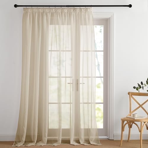 PONY DANCE Raumteiler Vorhang Transparent Gardinen mit Kräuselband | Khaki,1er Set,H245 x B300 cm,Wohnzimmer Vorhang Durchsichtig,Extra breite Voile Gardinen für Schienensystem,Luf