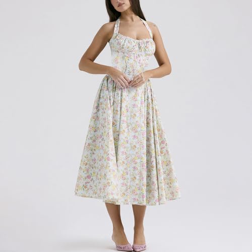 Image of Women Floral Corset Dress Halter Neck Low Cut Bustier Lace Midi Dress Flowy Pleated Hem Long Sundress with Pockets