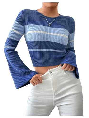 SweatyRocks Women's Color Block Striped Sweater Casual Bell Sleeve Crew Neck Cropped Tops Shirts