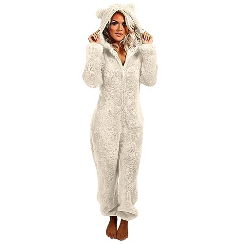 Jumpsuit Damen Kuschelig Einteiler Overall Lange Warm Schlafanzug Teddy Fleece Schlafoverall Winter Flauschig Onesie Einfarbig Plüsch Hausanzug mit Kapuze Pyjama Anzug Ganzkörperanzug