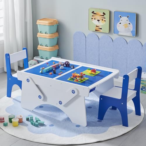 IFBUY 35\" Wide Toddler Table and 2 Chairs Set with Storage Drawer, Kids Wooden Activity Desk for Ages 3-10, Compatible with Most Building Blocks, for Boys and Girls, Blue