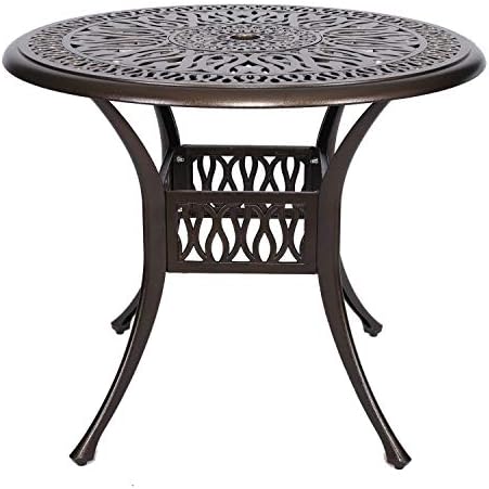 Puluomis 35” Round Cast Aluminum Dining Table, Outdoor Patio Retro Bistro Dining Table with 2” Umbrella Hole