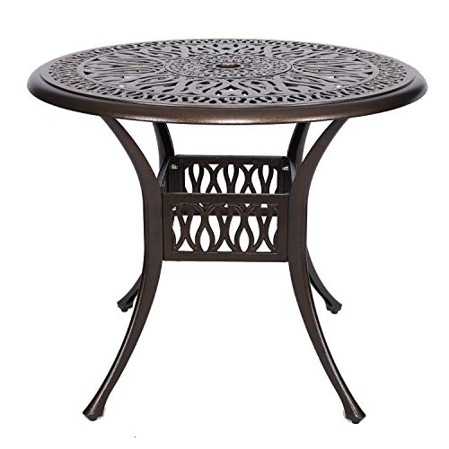 Puluomis 35” Round Cast Aluminum Dining Table, Outdoor Patio Retro Bistro Dining Table With 2” Umbrella Hole #TOP17