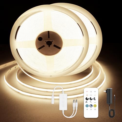 Image of COB LED Strip Lights, Dotless LED Lights with Remote& App, 49.2ft Warm White 3000K Super Bright Dimmable 24V Flexible LED Tape Light,Kitchen Cabinet,Office,Stairs,Shelf Indoor Lighting.