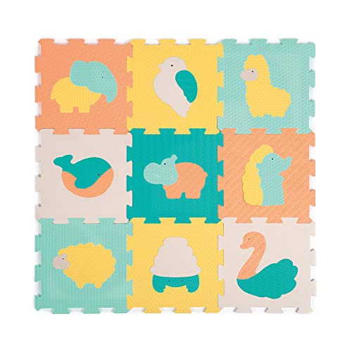 Ludi - 9 Dalles Animaux Pastel - Tapis d’Éveil Géant et Puzzle 3D - Dalles de Sol Épaisses et Encastrables - Tapis de Jeu en Mousse - Isolant et Amortissant - Dès...