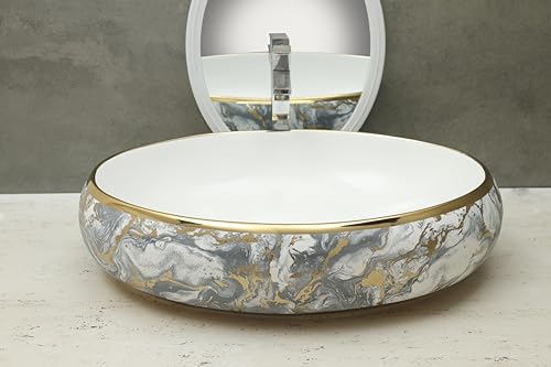 HISRE Designer Ceramic Table Top Sink Basin for Bathroom | Over Counter Wash Basin for Living Room | Washbasin Countertop (24 x 17 x 5.5 Inch) (Style - 6) G3901