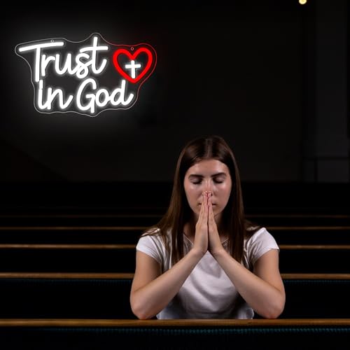 Image of Trust In God Neon Sign for Wall Decor Trust In God LED Light for Man Cave | Dimmable led light, cross christian, prayer room church decor, jesus spiritual wall art, inspirational gift, size 14.4*9.6 in