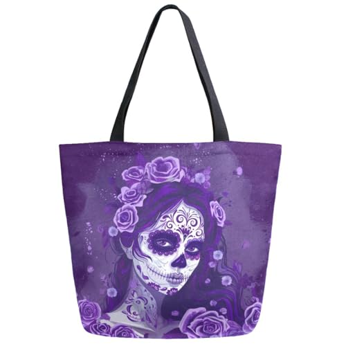 Fashion Extra Large Shoulder Grocery Tote Bag, Sugar Skull Makeup Girl Purple Canvas Daily Handle Bag for Gym Yoga Weekender Beach Travel Picnic Kitchen Reusable Market Shopping