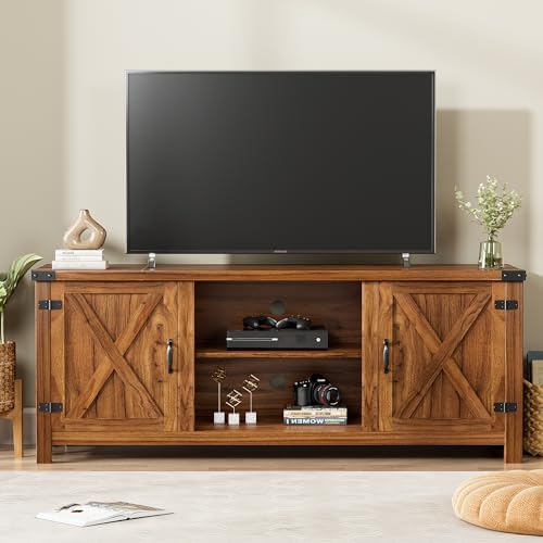 YESHOMY Modern Farmhouse TV Stand with Barn Door for 65 Inch TV, Walnut