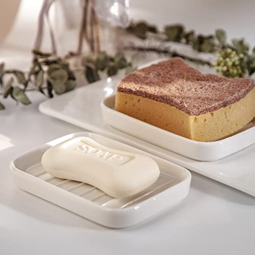 Nucookery 5" Ceramic Soap Dish Sponge Holder For Kitchen Sink Caddy, Dish Soap Holder For Bathroom Rectangle Easy To Clean #TOP1