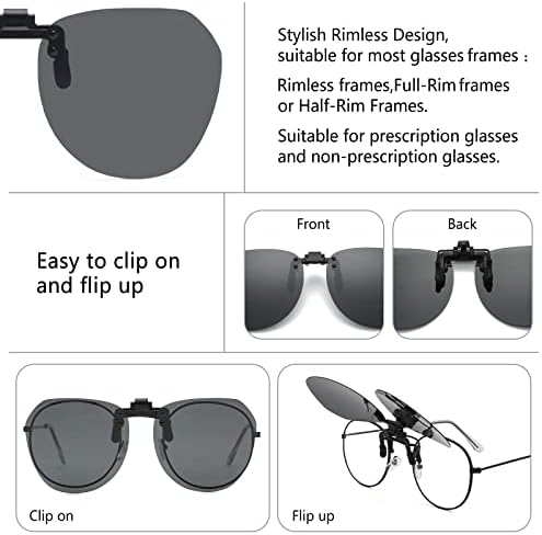 Long Keeper Clip-on Sunglasses - Polarised Clip on Sunglasses over Glasses Unisex, Rimless Polarized Flip up Sunglasses Clip on Glasses for Women Men