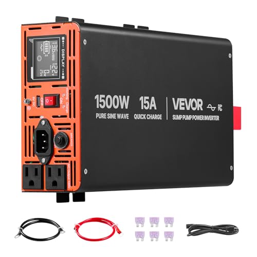 VEVOR 1500W Sump Pump Battery Backup System, LCD Display, Auto Switches to Battery Inverter Power for Sump Pump, Pure Sine Wave, for Basement Protection Emergency and Power Outage, Battery Not Include