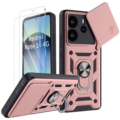 COPIKE Funda Armor para Xiaomi Redmi Note 14 4G (Non para 5G) con 2 Piezas Cristal Templado, Carcasa Cubierta de Cámara Deslizante Proteger con Soporte Giratorio de Anillo y TPU Antigolpes, Oro Rosa