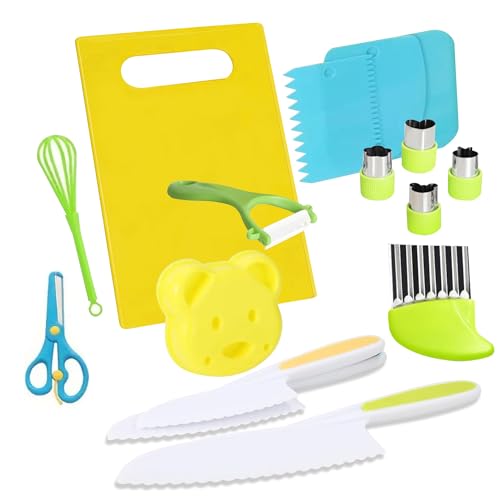 CUPERINOX Kit Cocina Montessori | Cuchillos Niños Aprendizaje +2 Años | Set Completo de Cuchillos Infantiles de 17 Piezas | Incluye Tijeras, Moldes, Batidor, Tabla y Cuchillo Seguro