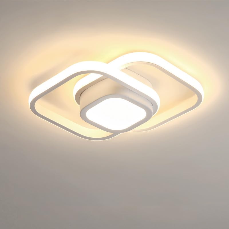 Luminária de Teto LED Moderna, Design Geométrico, 3 Modos de Iluminação, Luz Quente e Fria, Plafon Branco (Quadrado)
