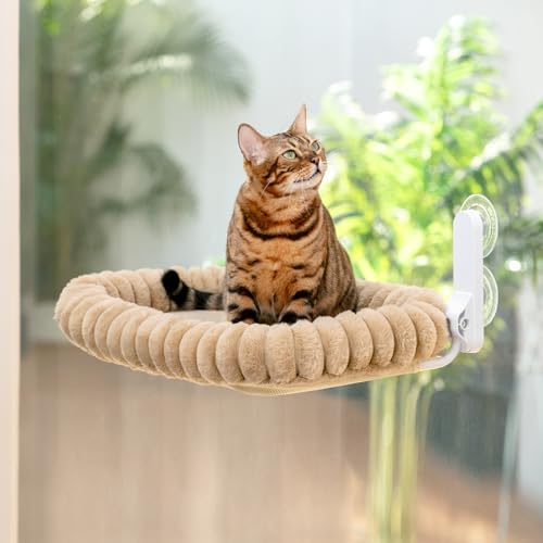 GUUSII HOME 折畳み式 ねこハンモック ねこベッド クッション 曲線パイプ 2025年新デザイン 吸盤 猫窓用ハンモック 猫窓 吸盤式 ペットベッド ねこ ネコ 窓際マット 通気メッシュ 日光浴 洗える 猫用 耐荷重約18KG ストレス解消 組立簡単 ブラウン キルティング設計 M
