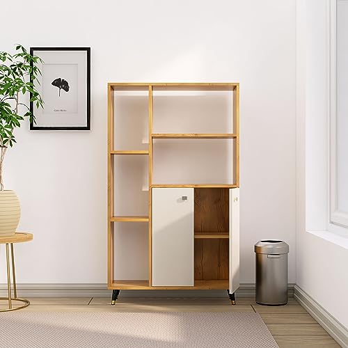 Image of Bniture Bookshelf for Home with 2 Door & 5 Open Shelf | Engineered Wood Book Shelf for Home Display Rack | Multipurpose Bookcase Organizer for Living Room, Bedroom & Office | Giant Wood & Frosty White