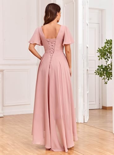 Image of LANGKAAO Women's V Neck Bridesmaid Dresses with Sleeves for Wedding Chiffon A-Line Pleated High Low Formal Gown with Pockets