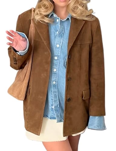 ORANDESIGNE Lederjacke Damen Wildlederjacke Blazer Winter Wildleder Mantel Revers Veloursleder-Blazer Langarm Oversized Lederjacke Braun A Braun XL