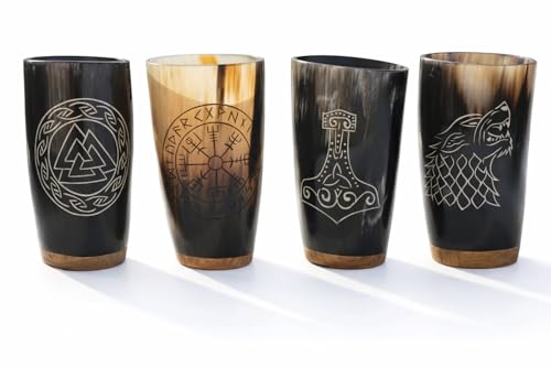 TATLA CRAFT 4er Hornbecher Set Gravierte Becher aus Naturmaterial Trinkgefäß für Wikinger Met Tankard OX Mugs Cup Set Viking Drinking Buffalo Wikinger Becher Mittelalter Humpen