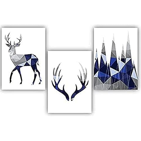 Artze Wall Art Geometric Stag Antlers and Mountains Art Prints 3-Piece Set, 30 cm Width x 40 cm Height, Navy Blue/Grey Cover